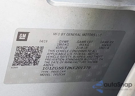 2019 Chevrolet Malibu Rs z USA, uszkodzony, nr VIN 1G1ZG5ST2KF201379